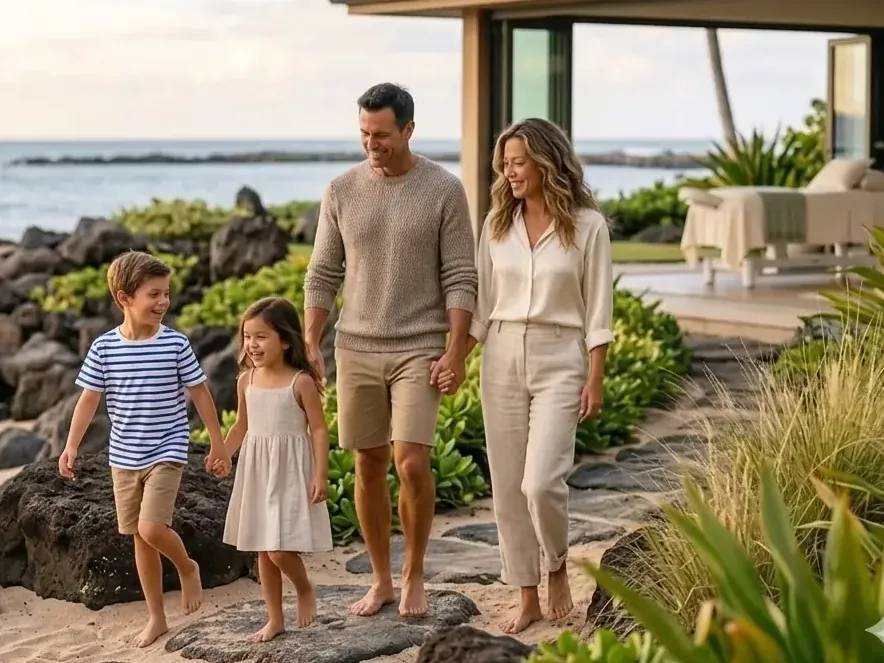 A family walking together on a rocky shoreline