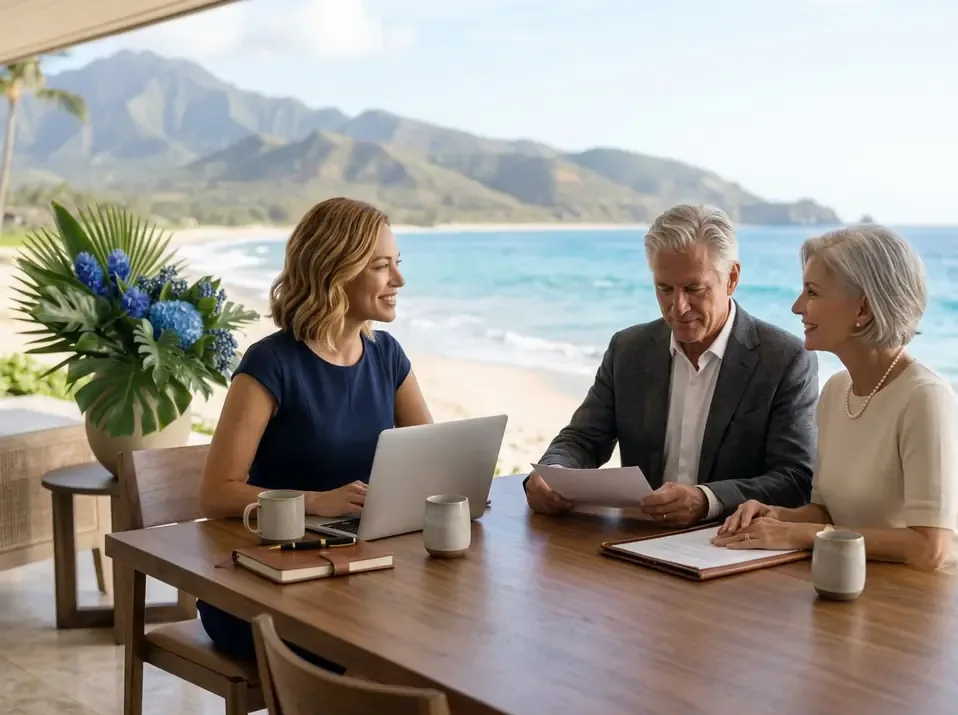 A consultation around a table overlooking the ocean