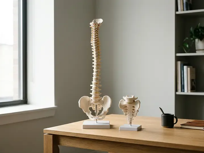 Anatomical models of a spine and pelvis on a desk